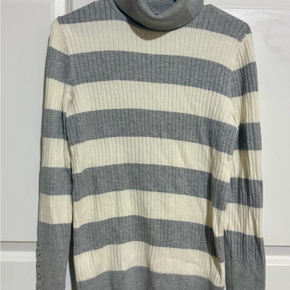 Talbots Gray and Cream Striped Turtleneck Sweater